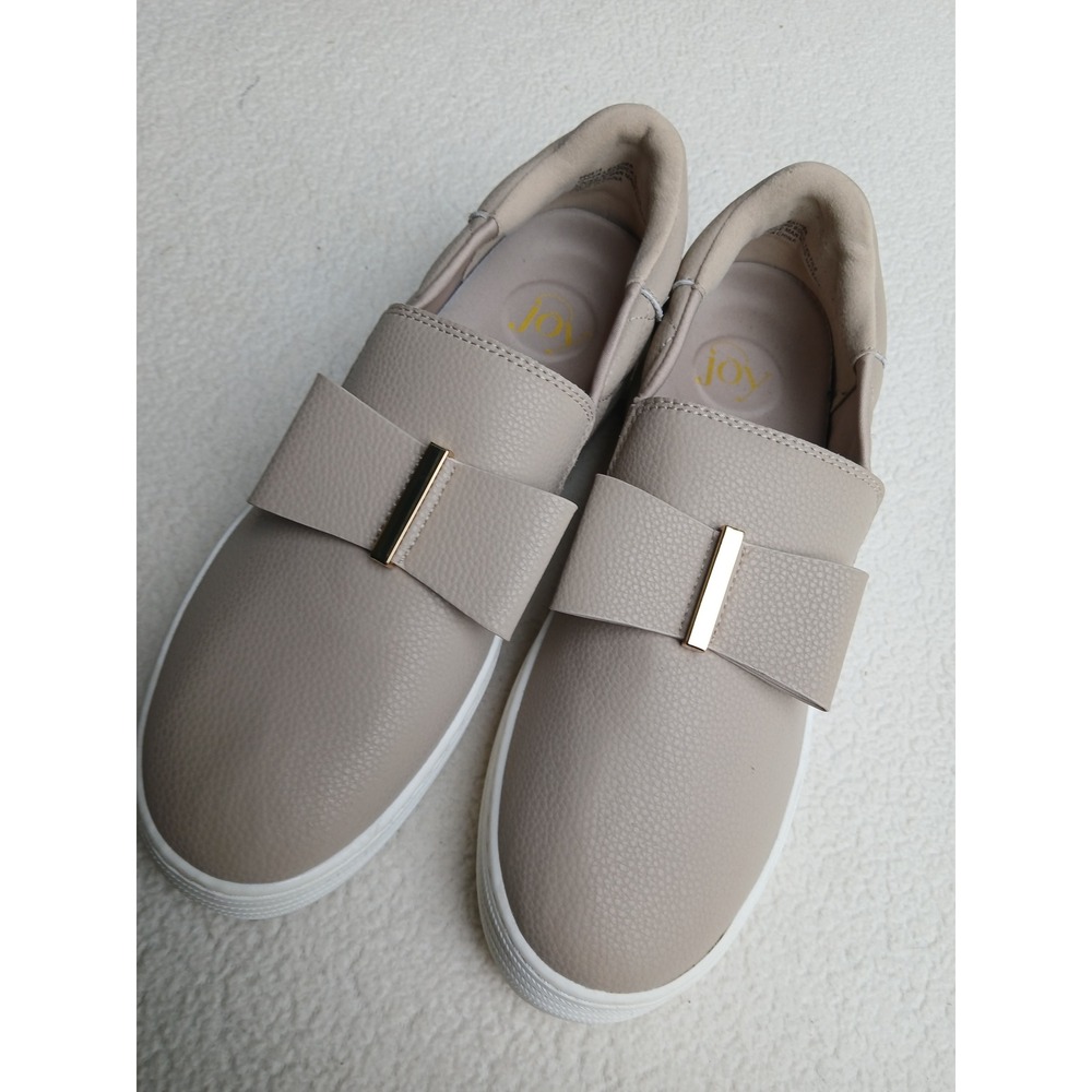 Joy Mangano Slip On Sneakers Womens 9.5M Taupe Good Leather Bow Gold Hardware